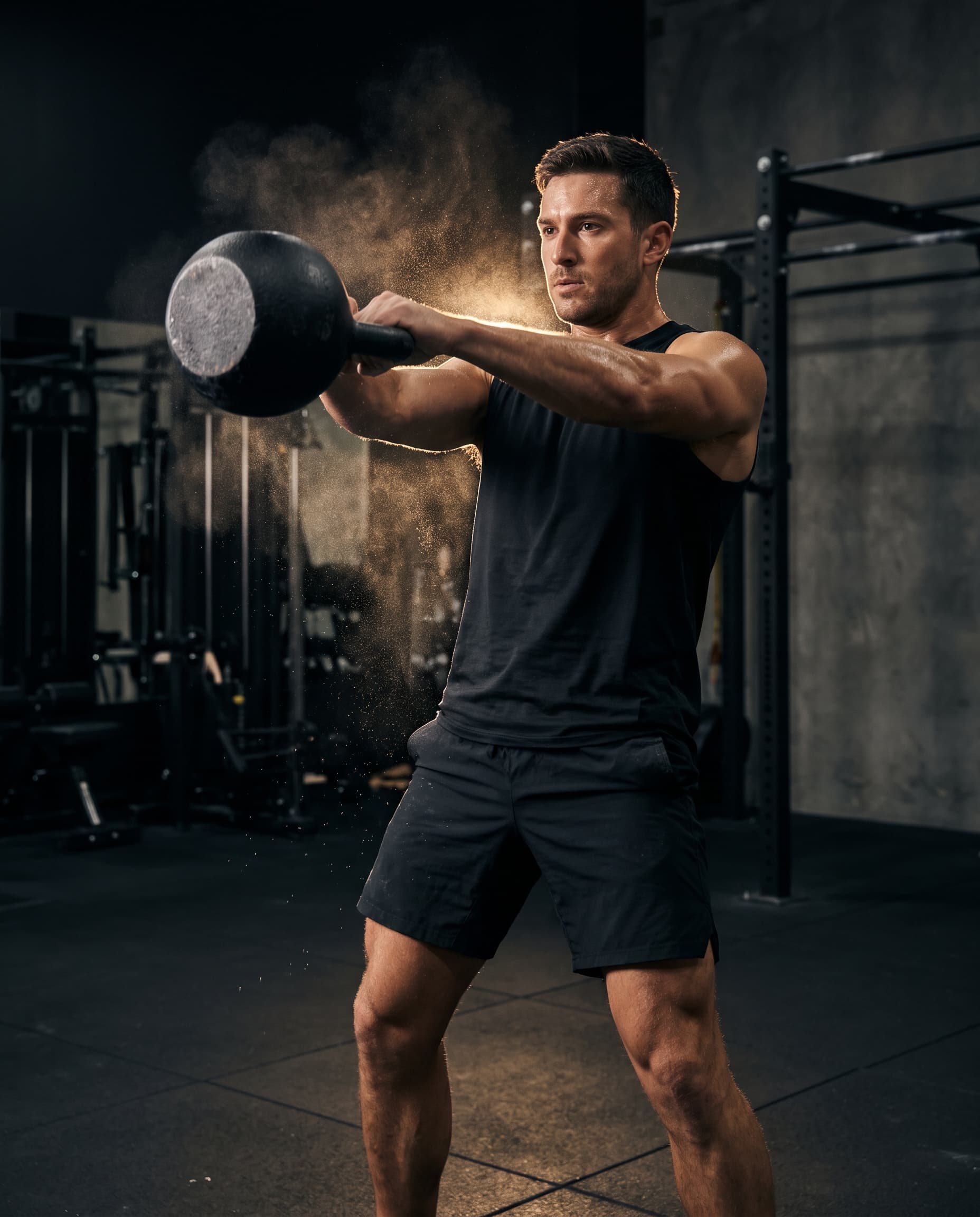 Athlete performing a kettlebell swing under dramatic light