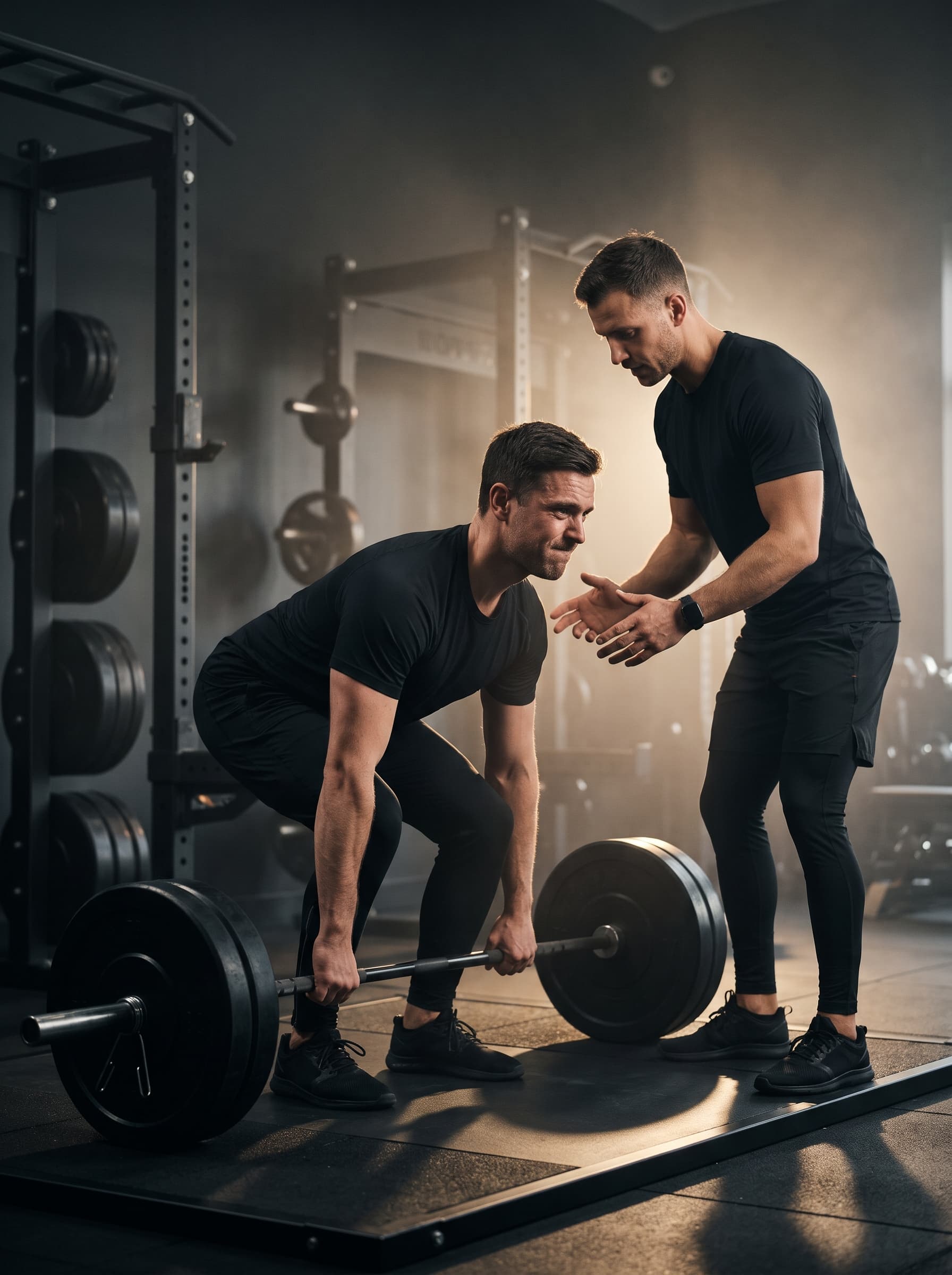 Personal trainer guiding a client through a barbell deadlift