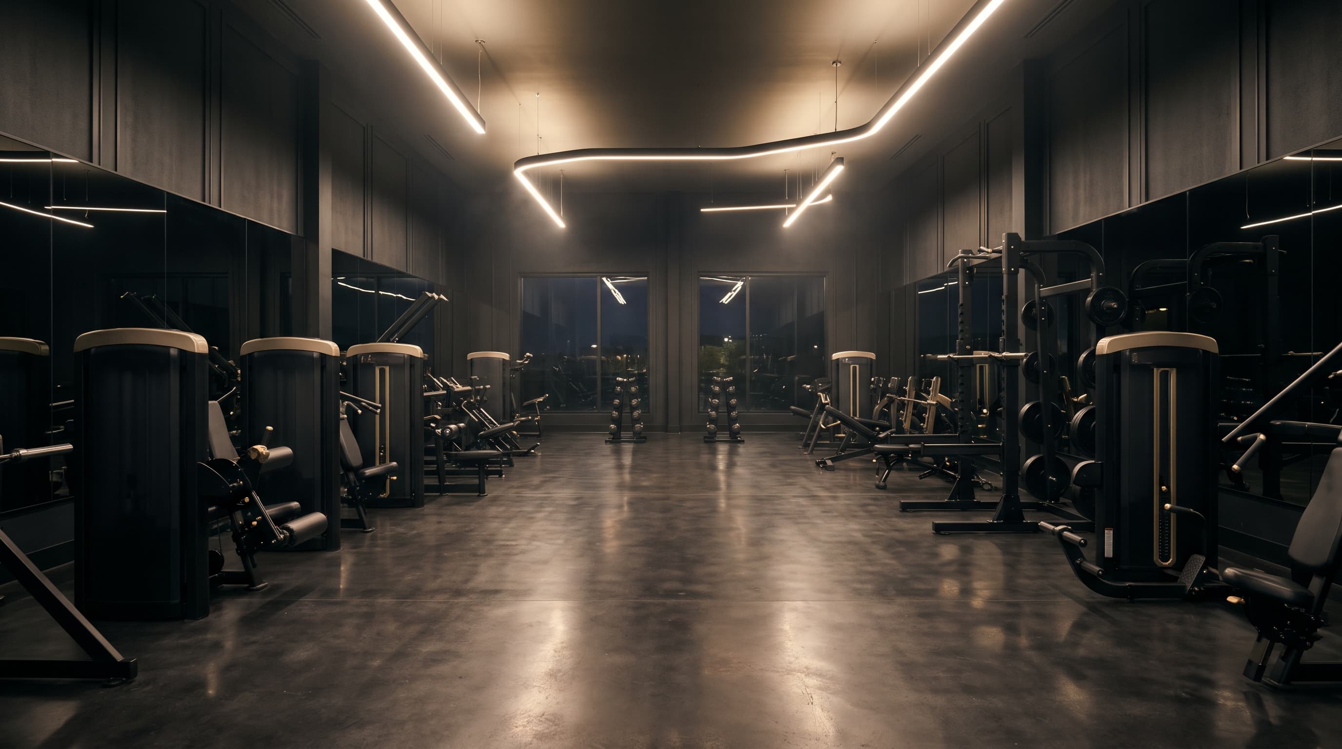 Dark strength training floor with black and gold machines under sculptural ceiling lights