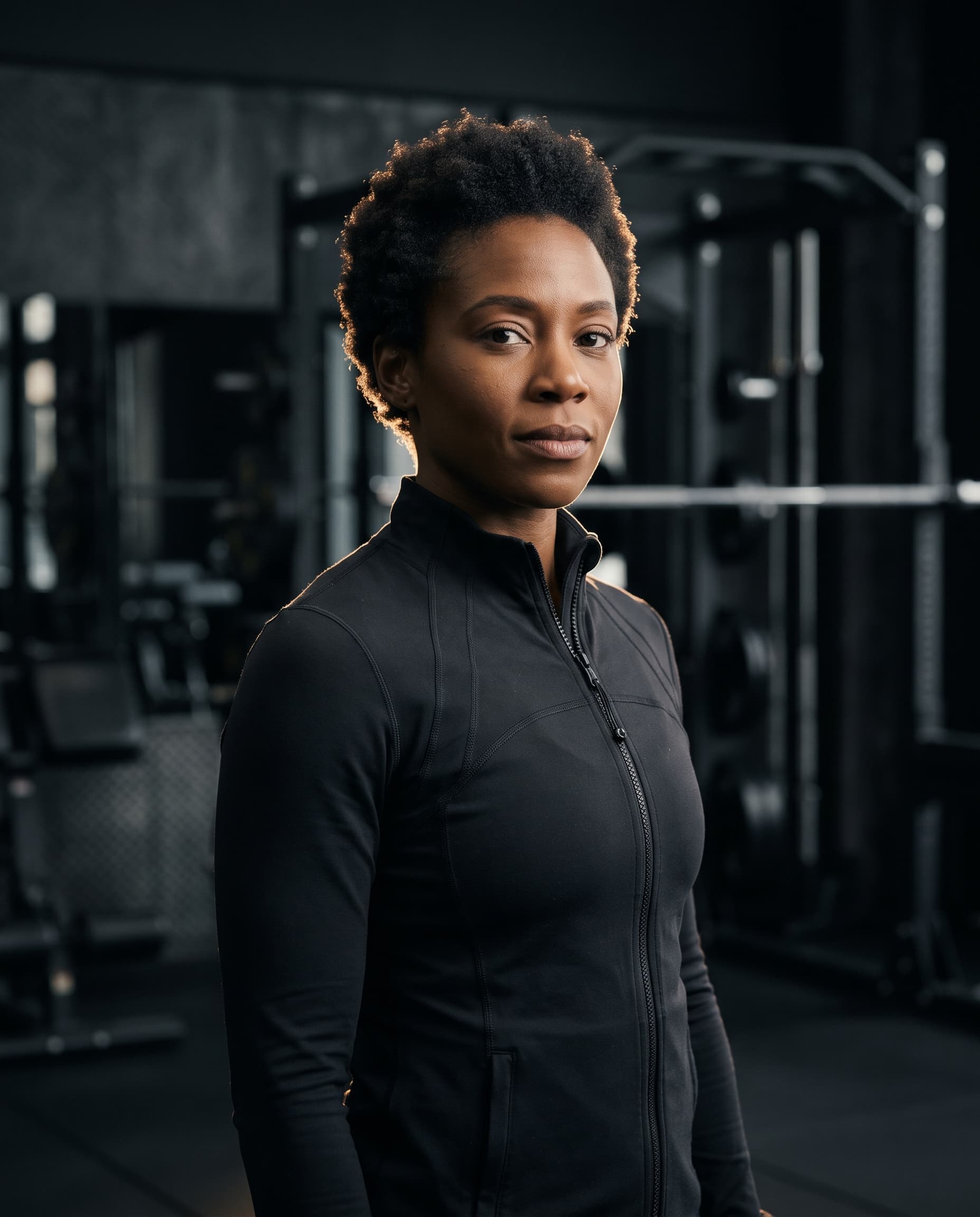 Portrait of performance coach Naomi Clarke in a dark gym
