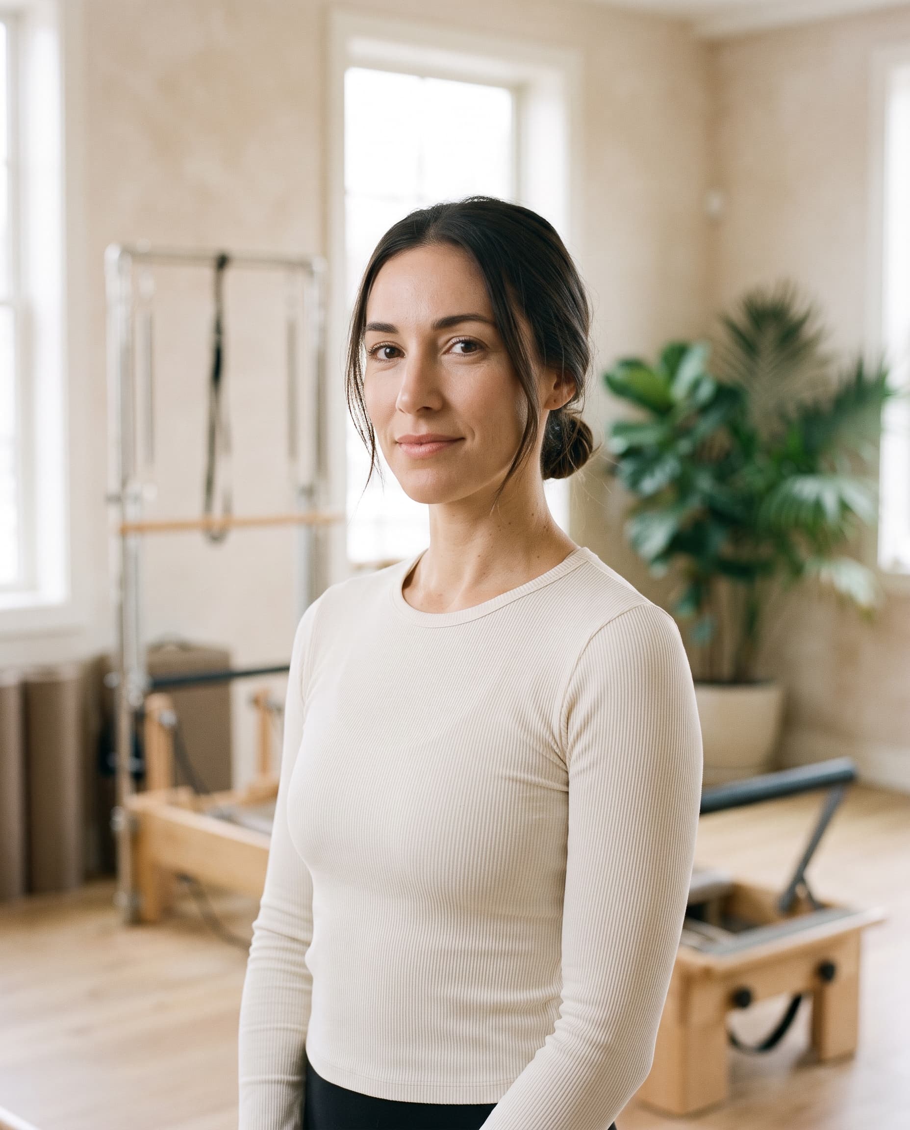 Portrait of Pilates lead Elena Rossi in a warm, light-filled studio