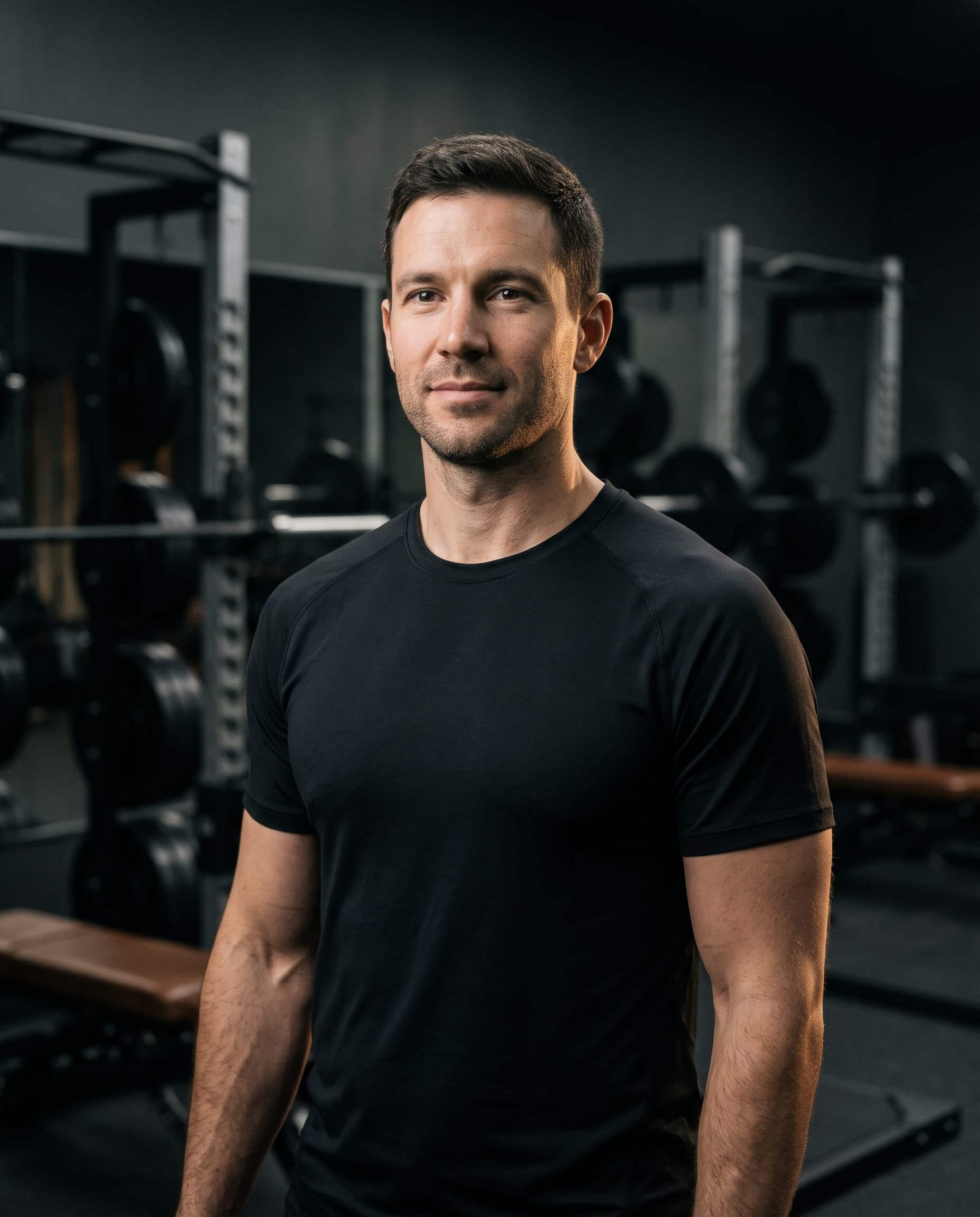 Portrait of strength coach Marcus Vale in a dark gym
