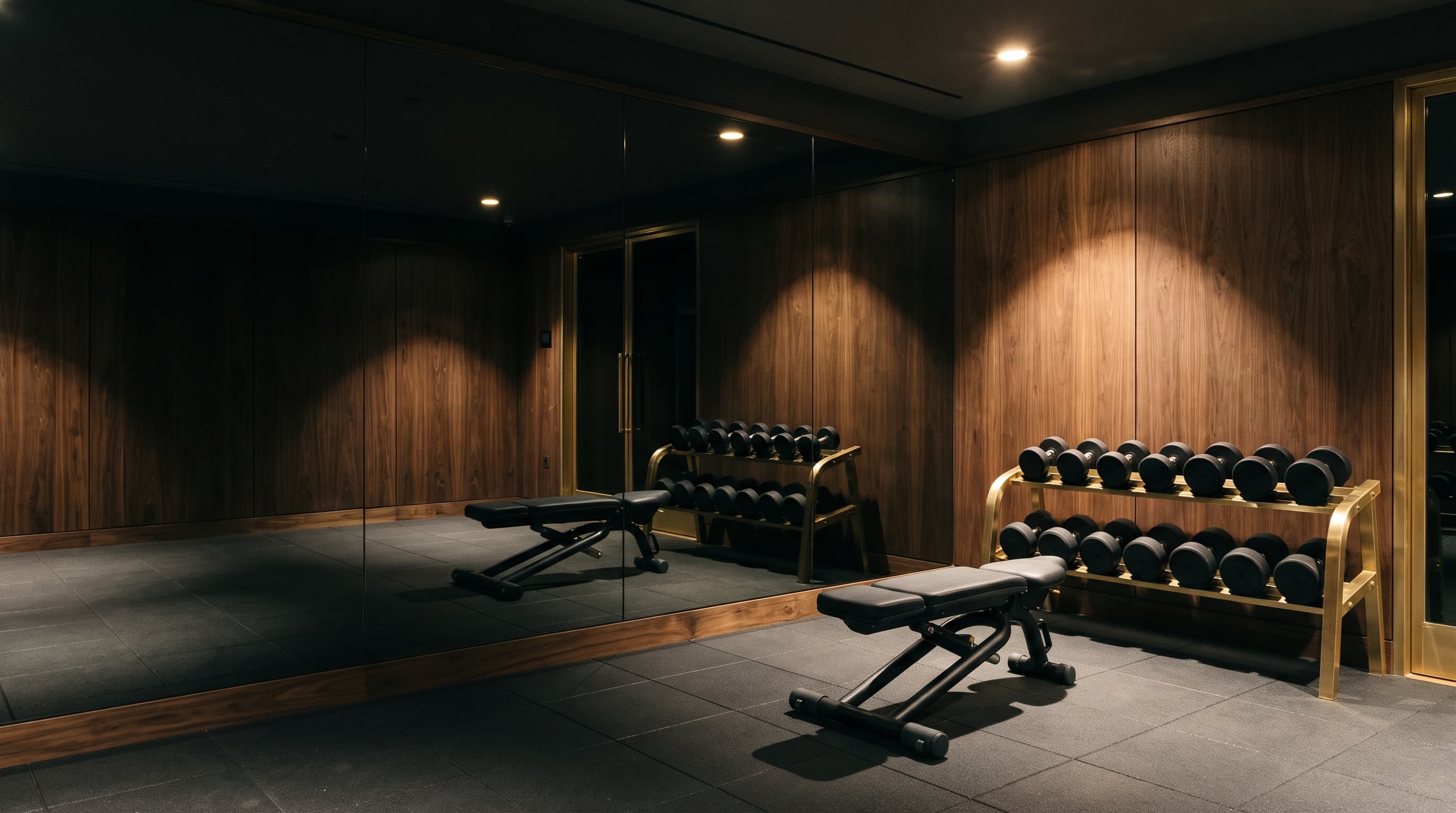 Private training suite with walnut panels, mirror wall and brass dumbbell rack under a single spotlight